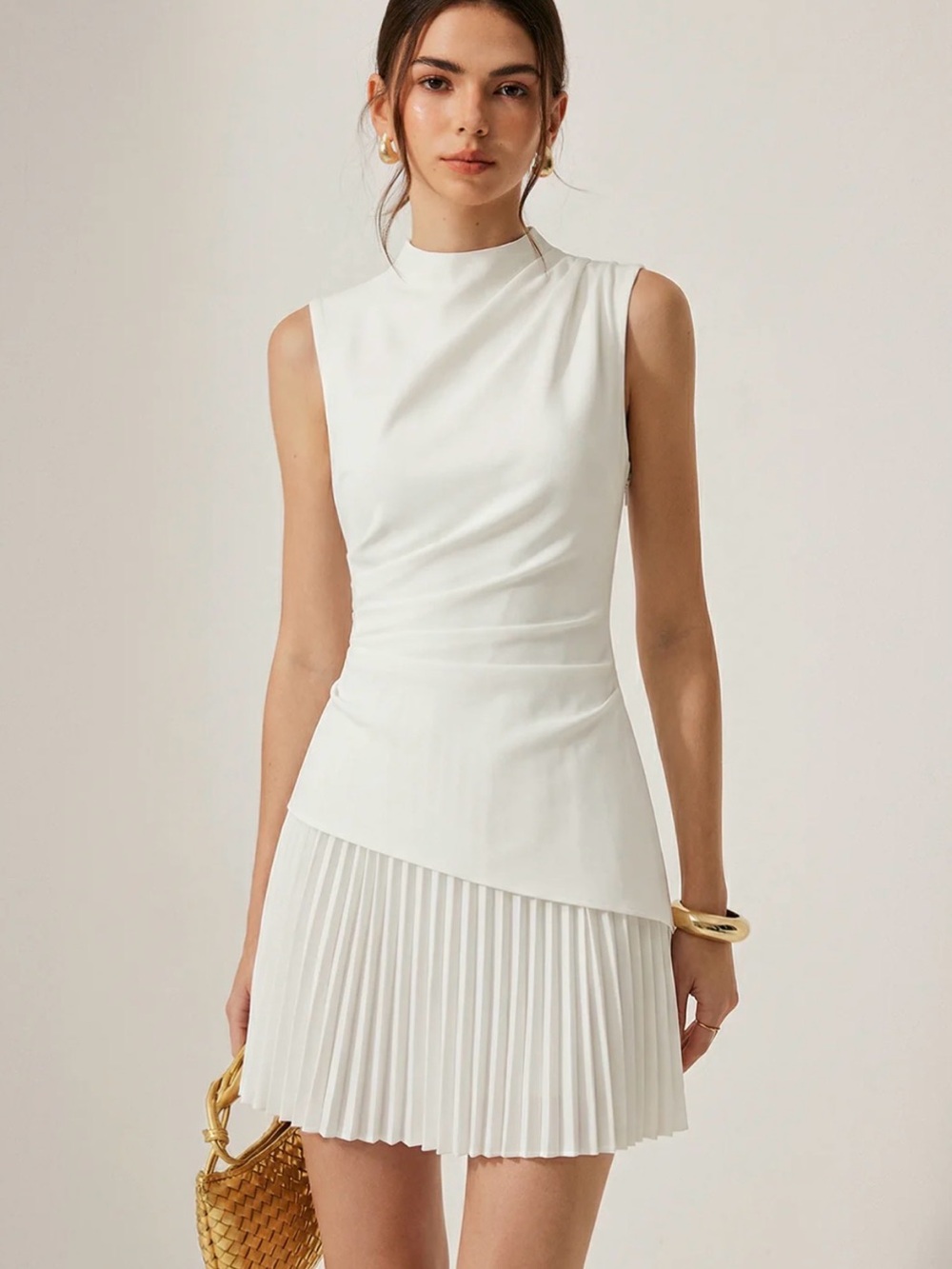 Commense White Sleeveless Asymmetrical Pleated Dress